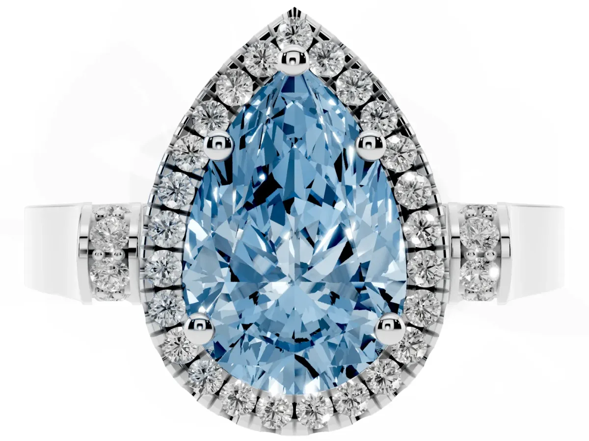 Fancy Blue Pear Cut Halo Pave Split Shank Prong Setting Ring Silver