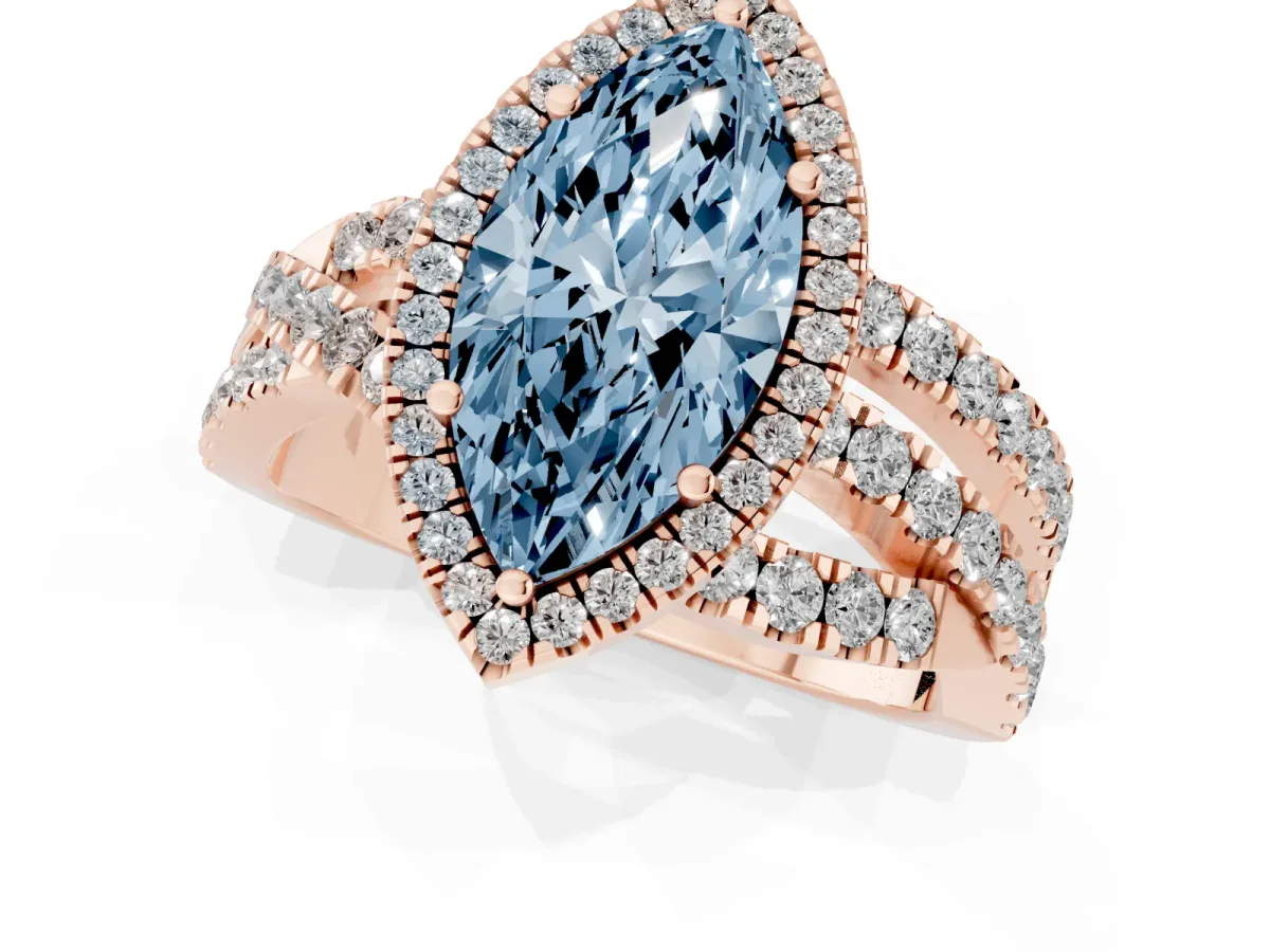 Fancy Blue Marquise Cut Diamond Halo Ring with Round Split Shank and Prong Setting Rose gold