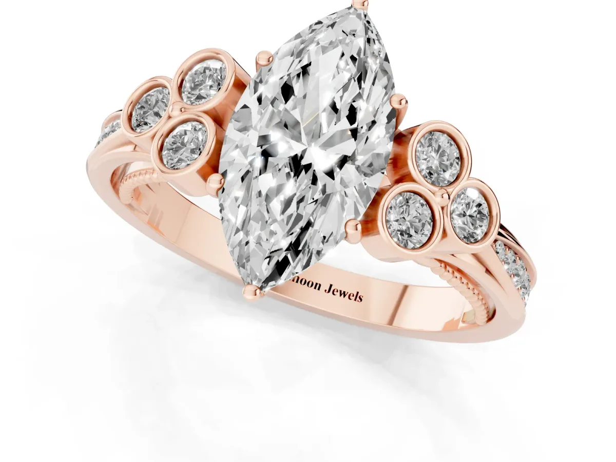 Marquise Cut Cut Diamond Engagement Ring with Bezel Set Round Side Stones and Prong Setting Rose gold