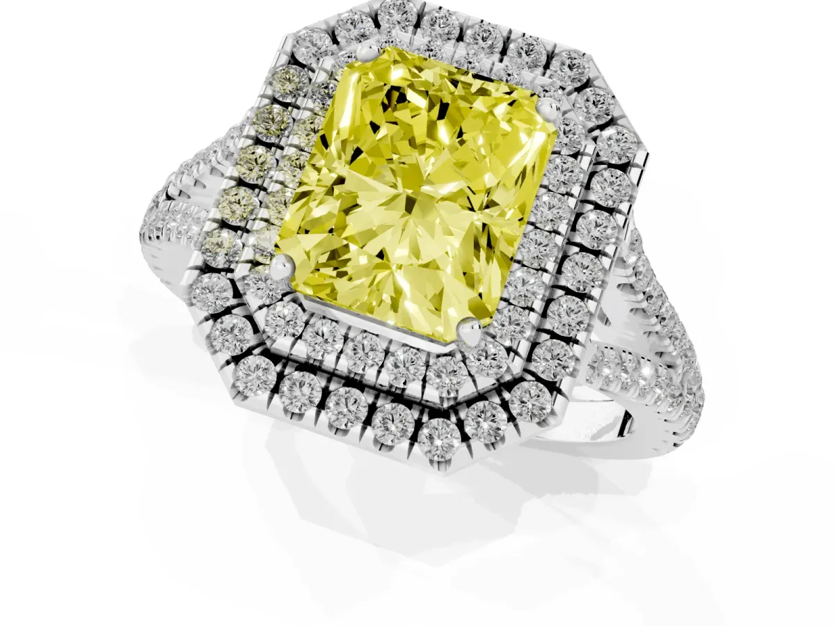Fancy Yellow Radiant Cut Diamond Double Halo Ring with Pavé Band and Prong Setting Platinum