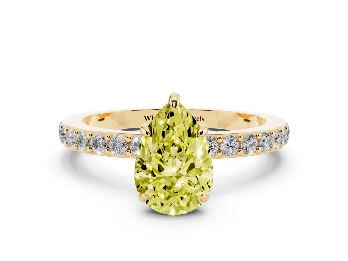 Fancy Yellow Pear Cut Diamond Pavé Engagement Ring with Round Accents and Prong Setting Yellow gold