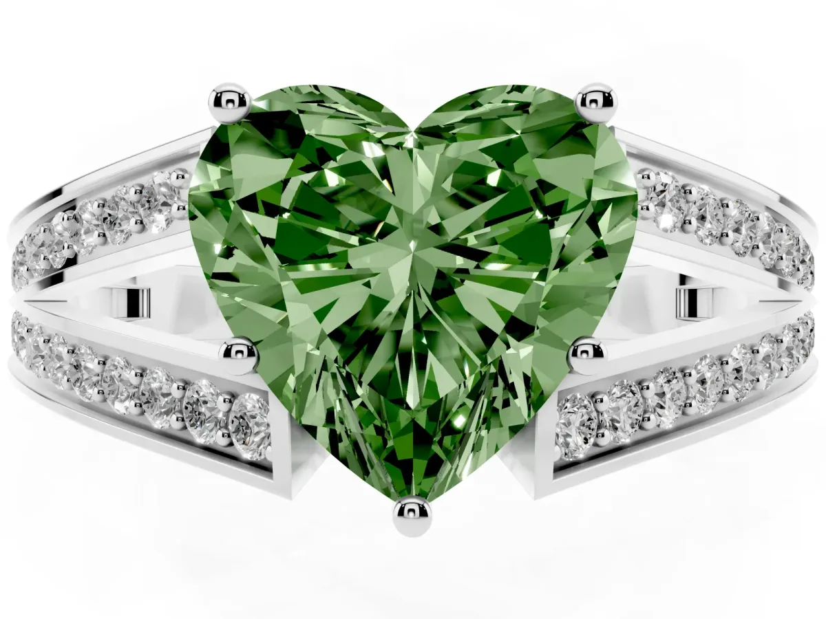 Fancy Green Heart Cut Diamond Split Shank Ring with Pavé Band and Four-Prong Setting Platinum