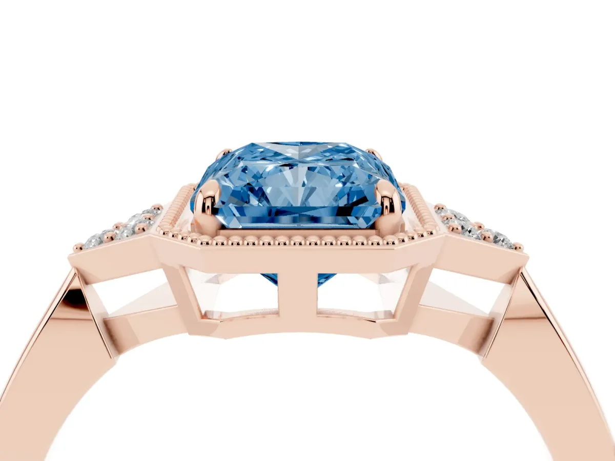 Fancy Blue Hexagonal Halo Radiant Cut Diamond Solitaire with Pavé Band and Four-Prong Setting Rose gold