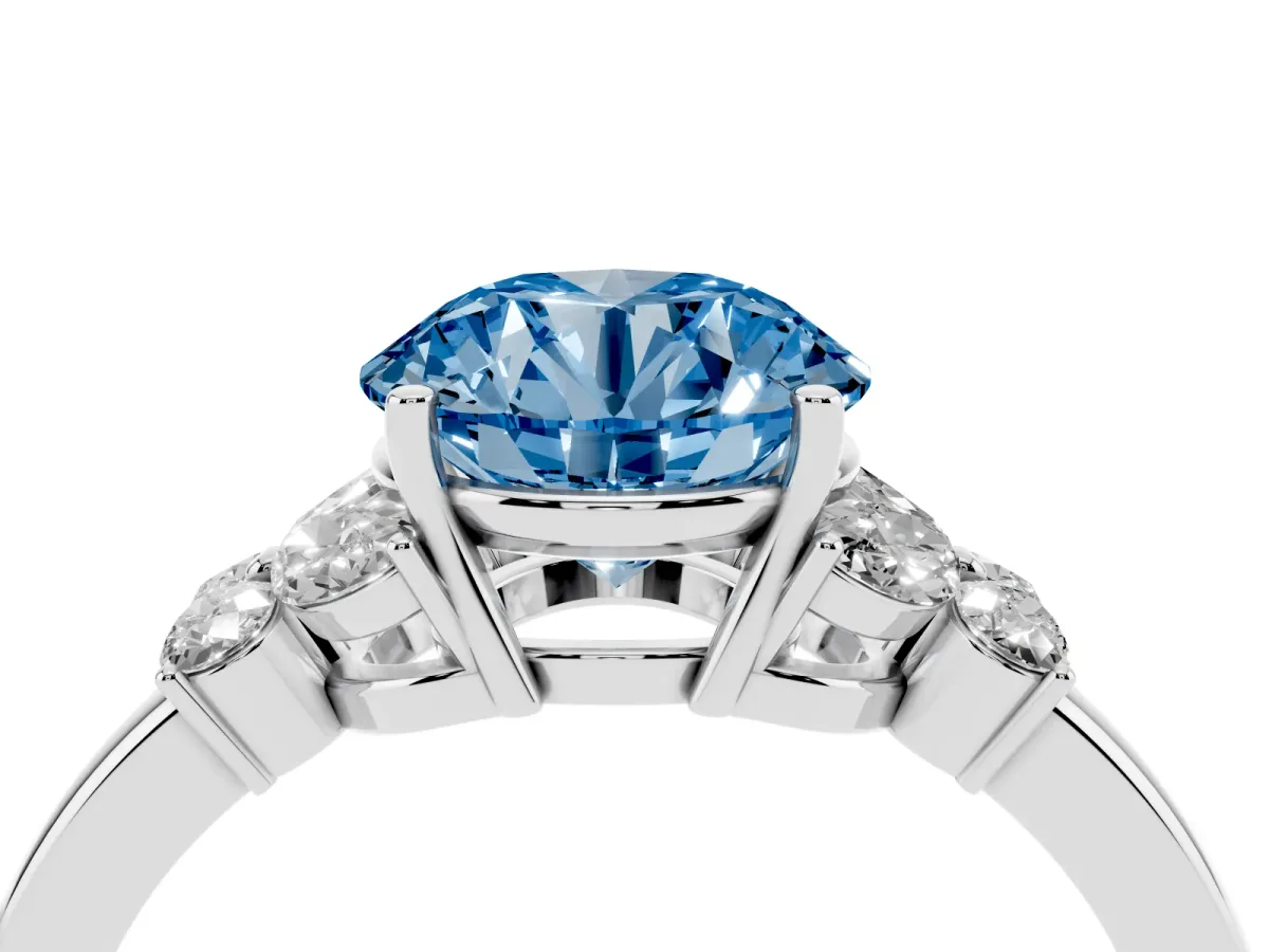 Fancy Blue Round Cut Cut Solitaire Floral Diamond Ring with Four-Prong Setting Silver