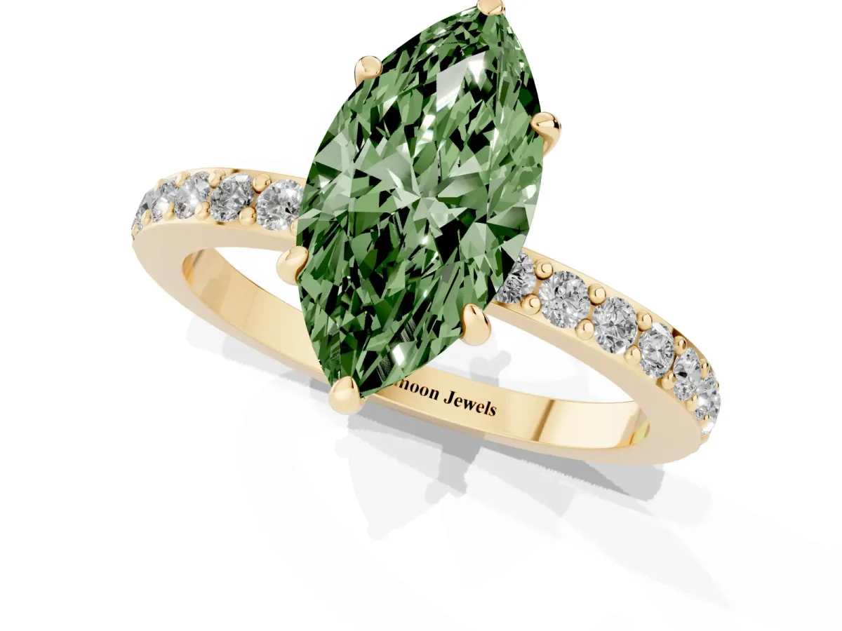 Fancy Green Marquise Cut Diamond Pavé Engagement Ring with Round Accents and Prong Setting Yellow gold