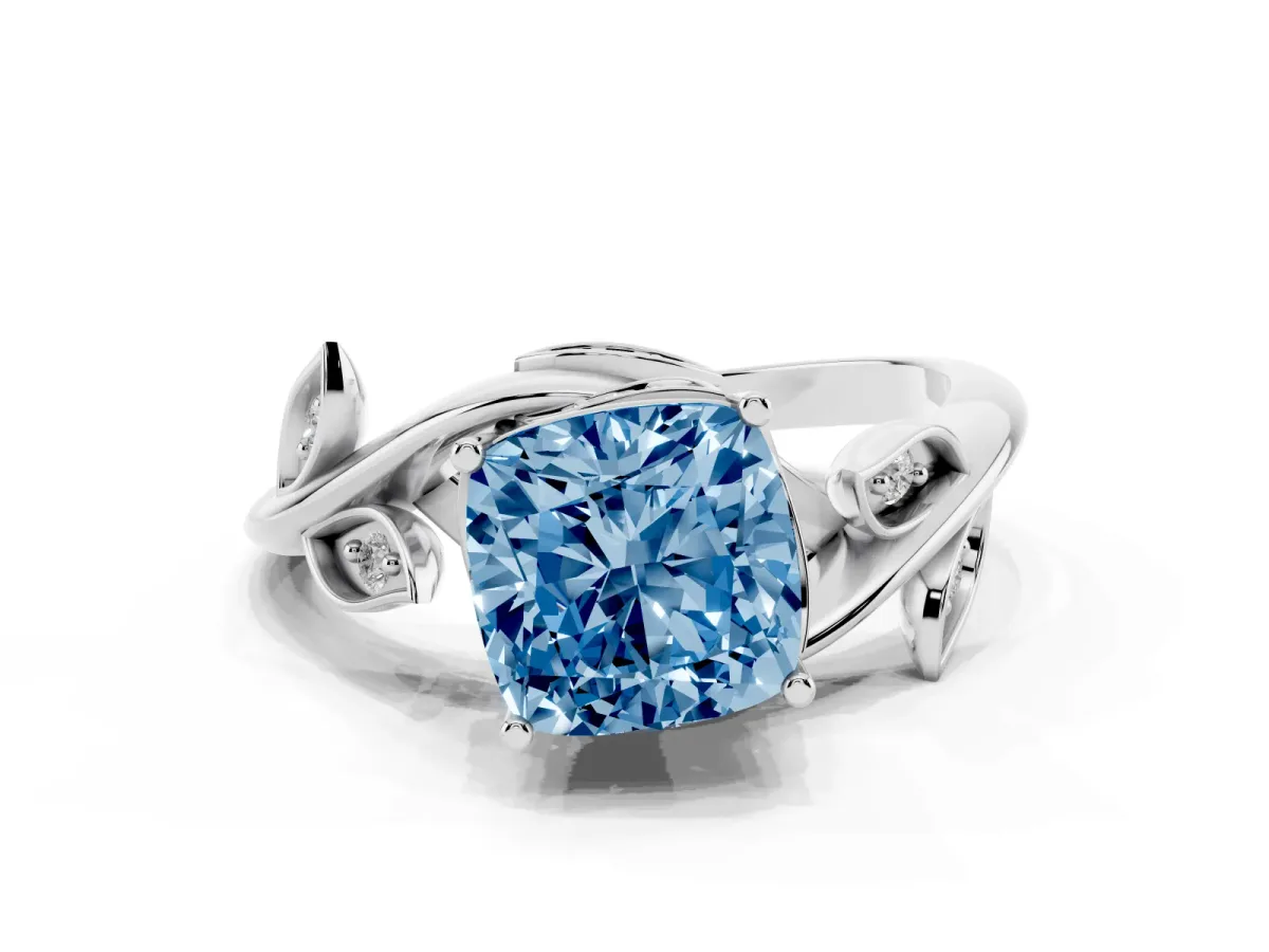 Fancy Blue Cushion Cut Solitaire Twist Engagement Ring with Leaf Accents and Prong Setting Platinum