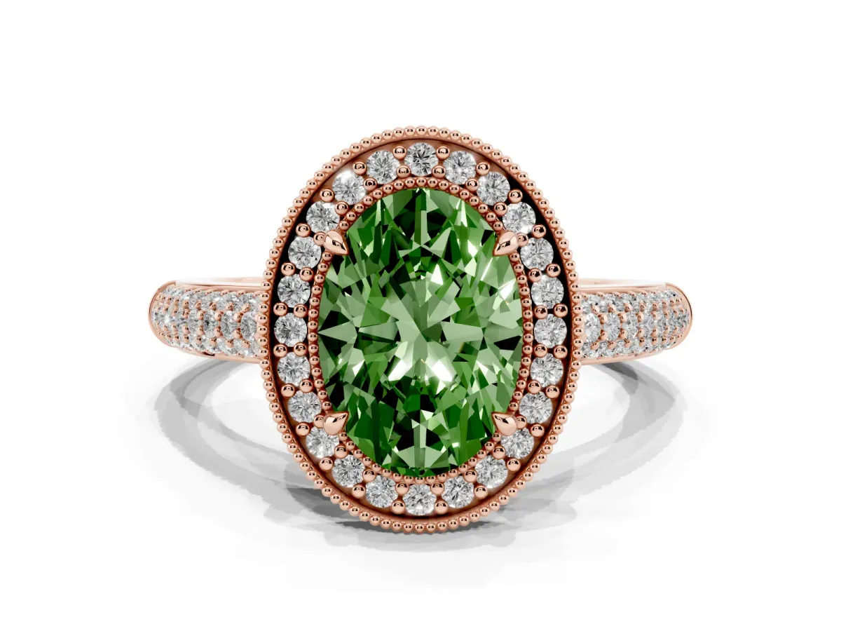 Fancy Green Oval Cut Cut Halo Diamond Pave Band with Four-Prong Setting Rose gold