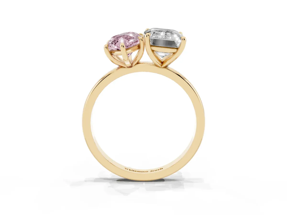 Fancy Pink Marquise Cut and Emerald Cut Toi Moi Ring with Prong Setting Yellow gold