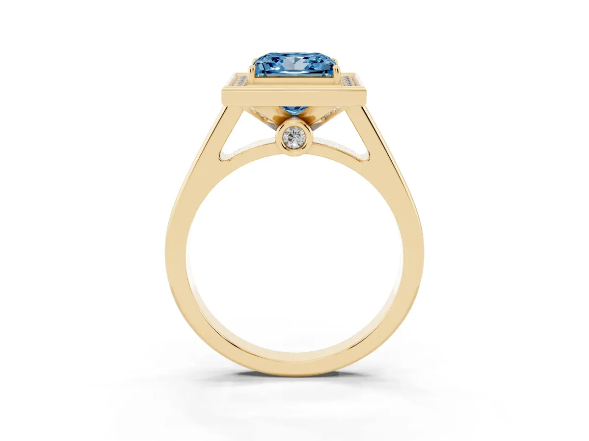 Fancy Blue Princess Cut Halo Solitaire Diamond Ring with Pave Band and Bezel Setting Yellow gold