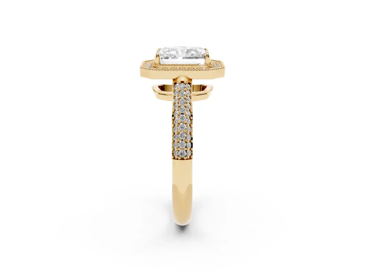 Radiant Cut Cut Halo Diamond Pave Band with Four-Prong Setting Yellow gold