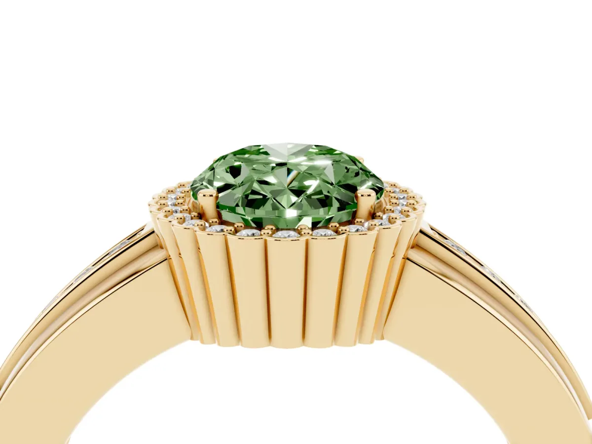 Fancy Green Oval Cut Cut Halo Pave Band Four-Prong Ring Yellow gold