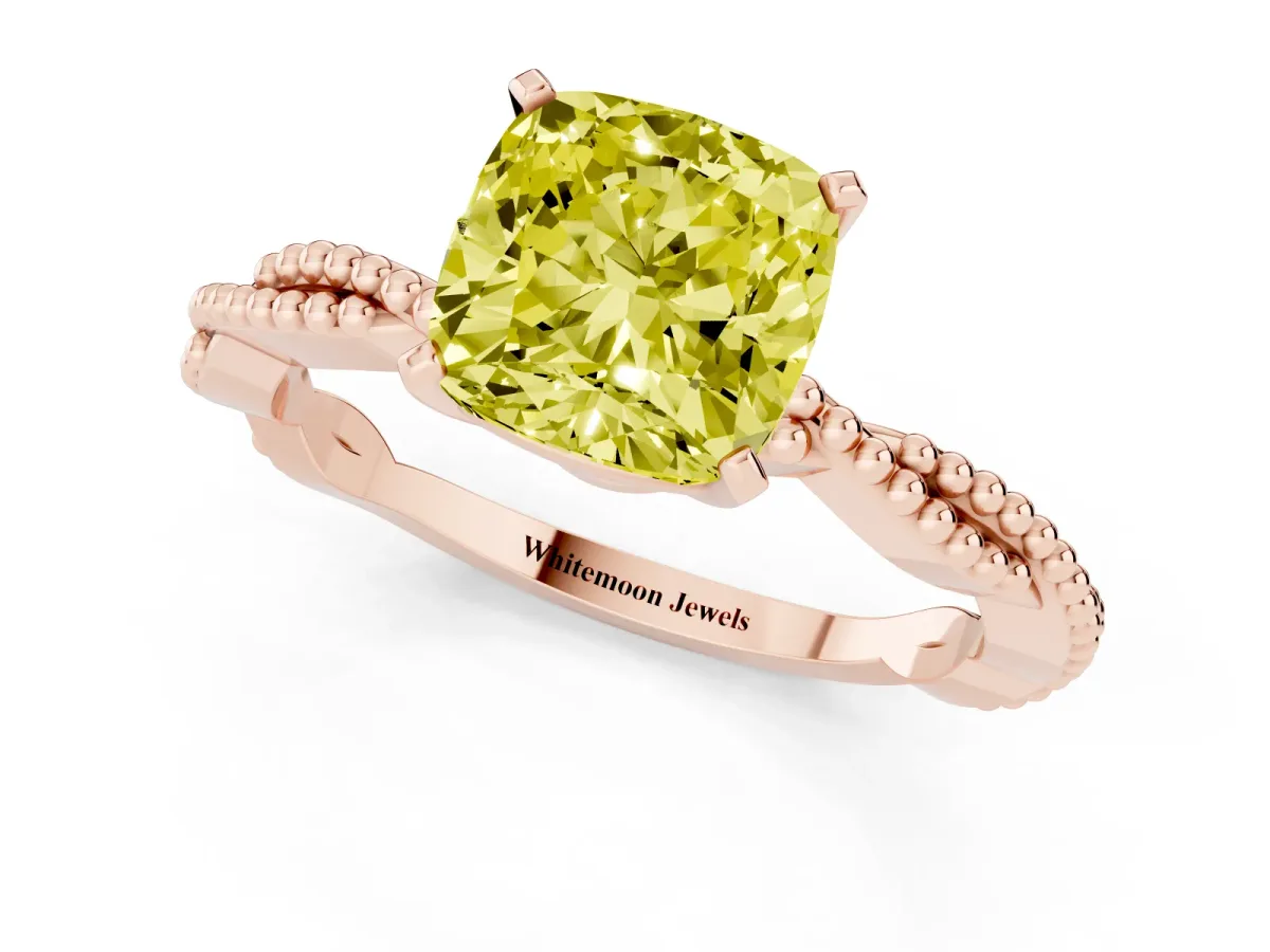 Fancy Yellow Cushion Cut Solitaire Twisted Band with Bead Prong Setting Rose gold