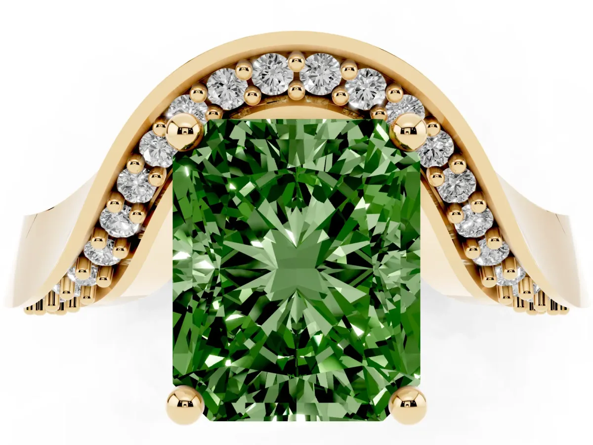 Fancy Green Radiant Cut Solitaire Diamond Engagement Ring with Pave Band and Four-Prong Setting Yellow gold