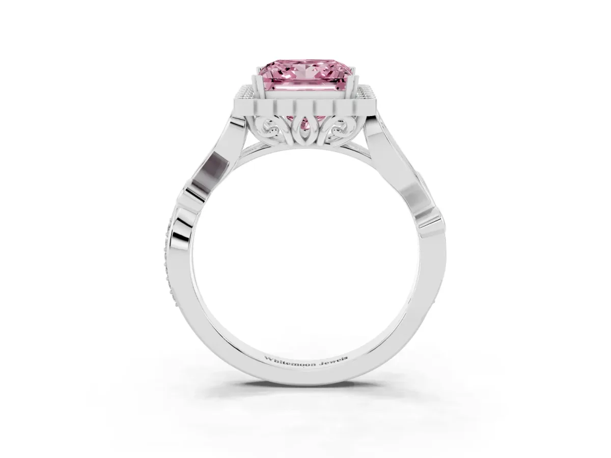 Fancy Pink Princess Cut Diamond Halo Ring with Vintage Split Shank and Four-Prong Setting Silver