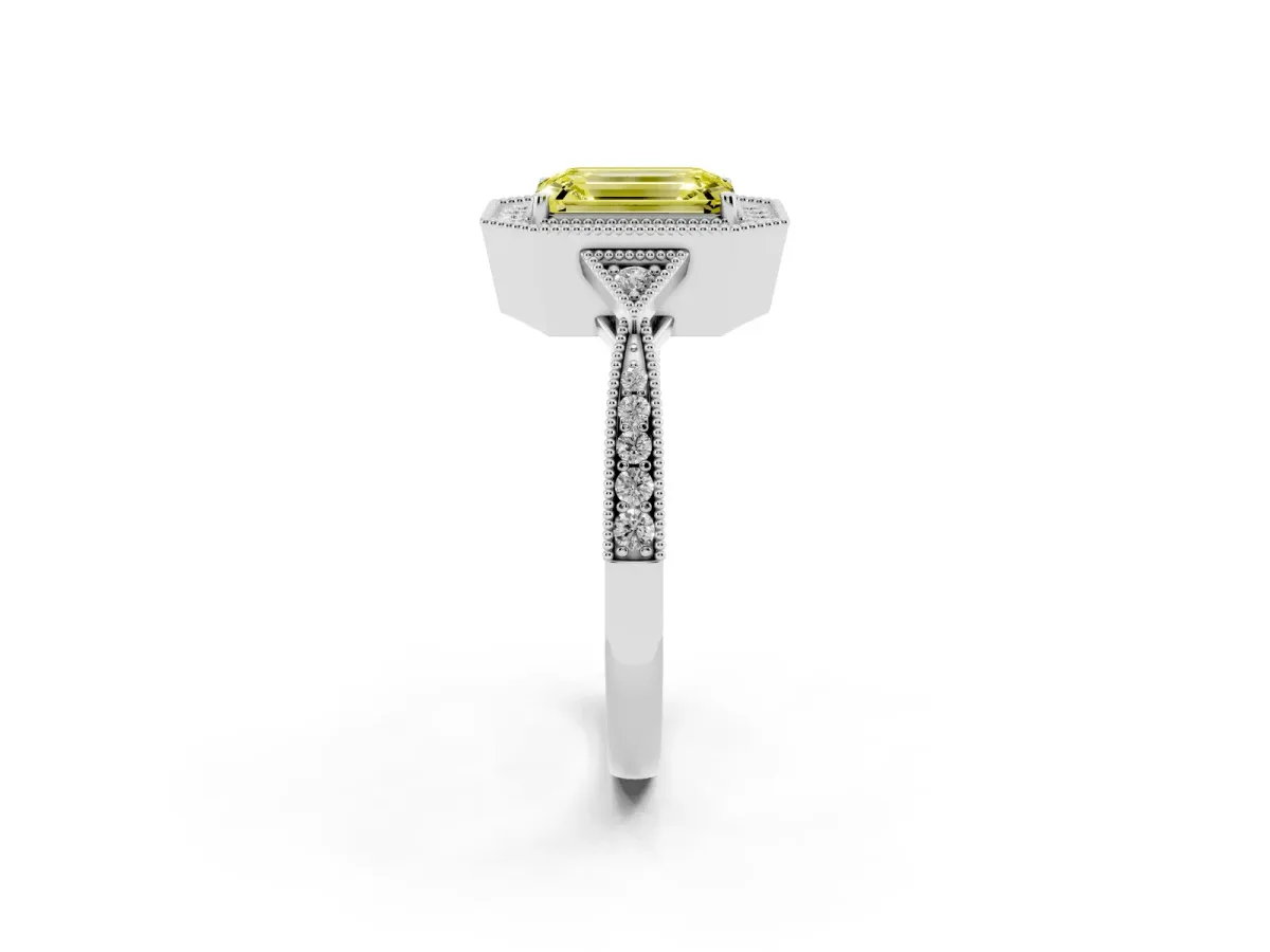 Fancy Yellow Emerald Cut Halo Round Diamond Milgrain Pave Engagement Ring Silver