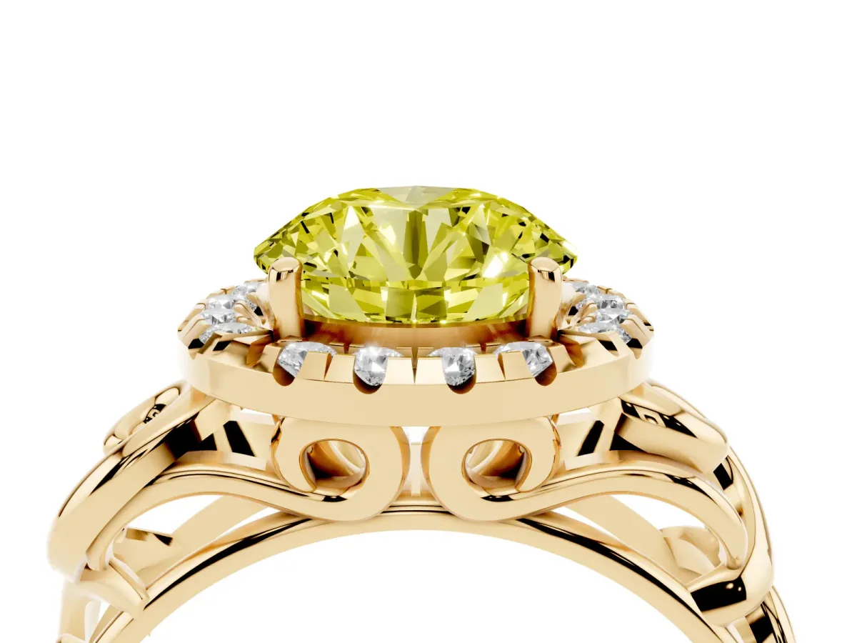 Fancy Yellow Round Cut Cut Halo Diamond Ring with Scrollwork Band and Four-Prong Setting Yellow gold