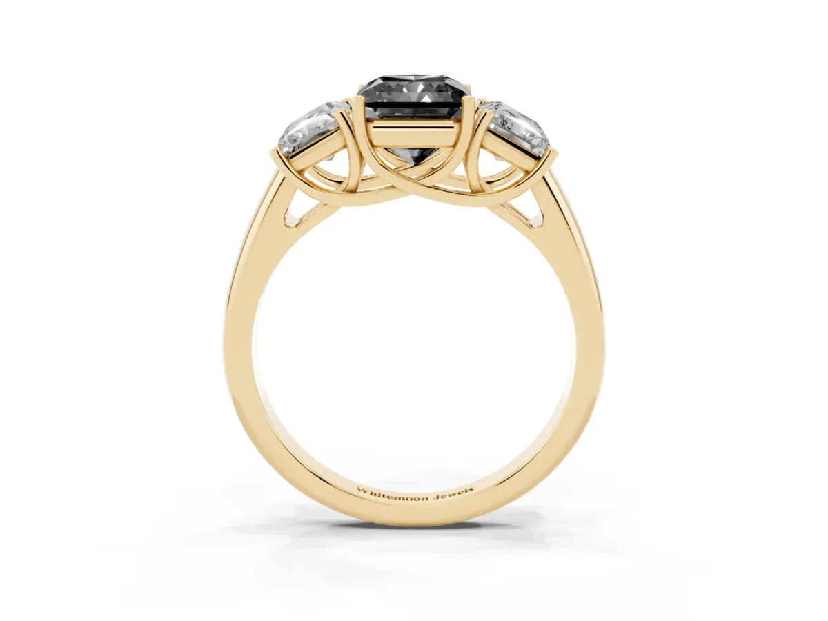 Fancy Black Three-Stone Radiant Cut Diamond Engagement Ring with Prong Setting Yellow gold