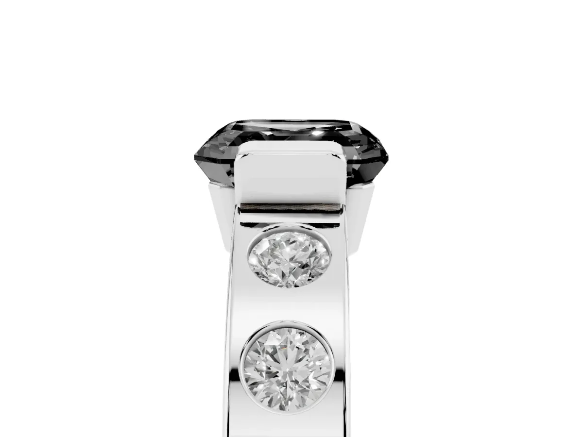 Fancy Black Asscher Cut Brilliant Channel-Set Diamond Ring with Bezel Prong Setting Silver