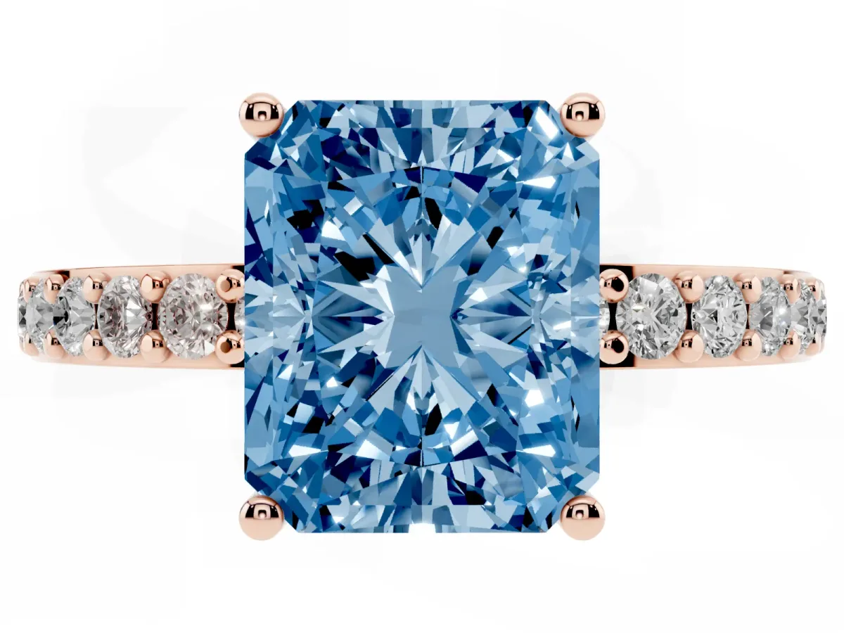 Fancy Blue Radiant Cut Cut Diamond Solitaire with Pave Band and Four-Prong Setting Rose gold