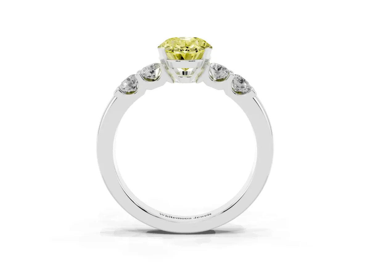 Fancy Yellow Oval Cut Brilliant Cut Diamond Five-Stone Prong Set Engagement Ring with Channel Band Silver