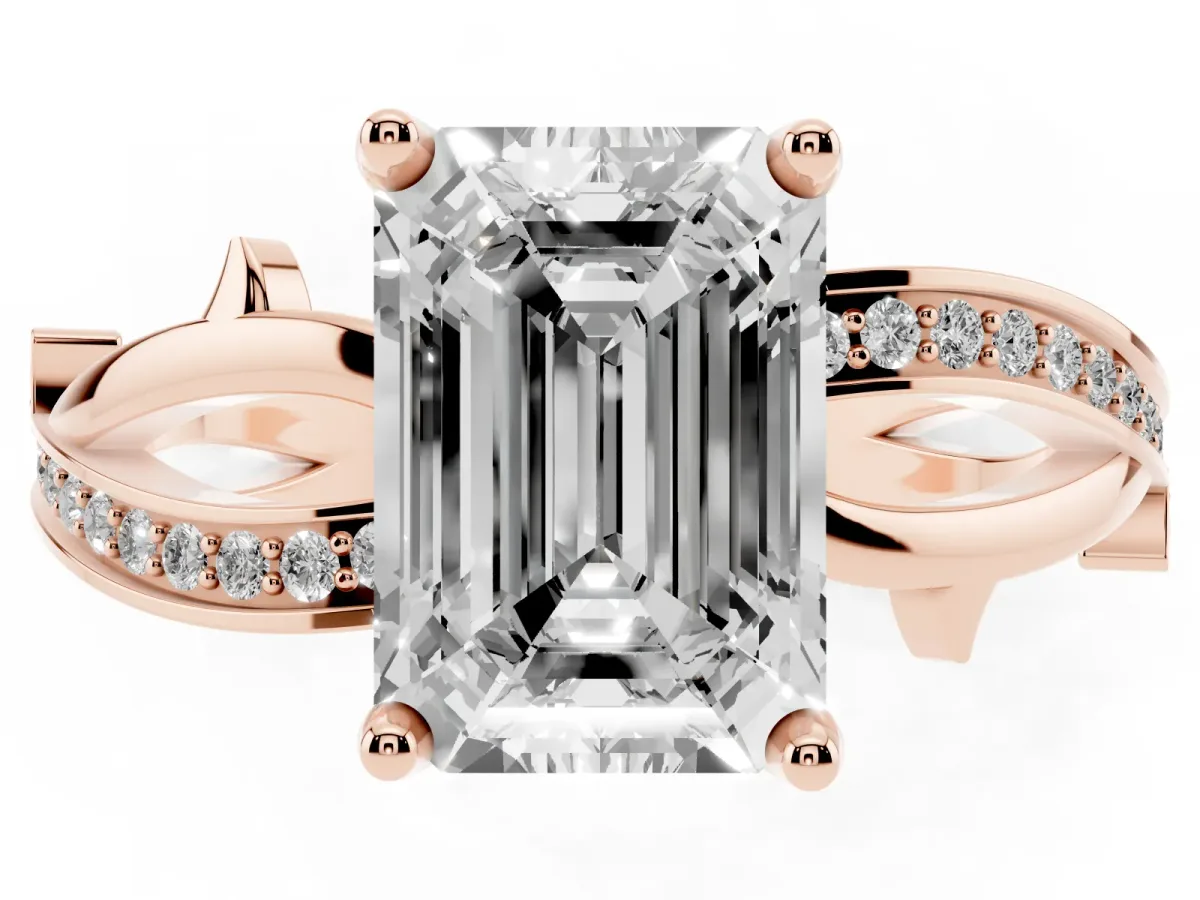 Emerald Cut Solitaire Twist Band with Pavé Accents and Four-Prong Setting Rose gold