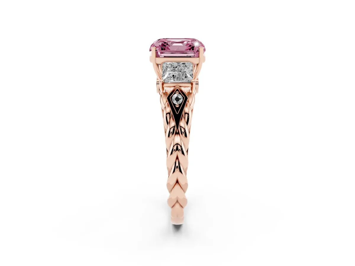Fancy Pink Three-Stone Asscher Cut Diamond Braided Band Ring with Four-Prong Setting Rose gold
