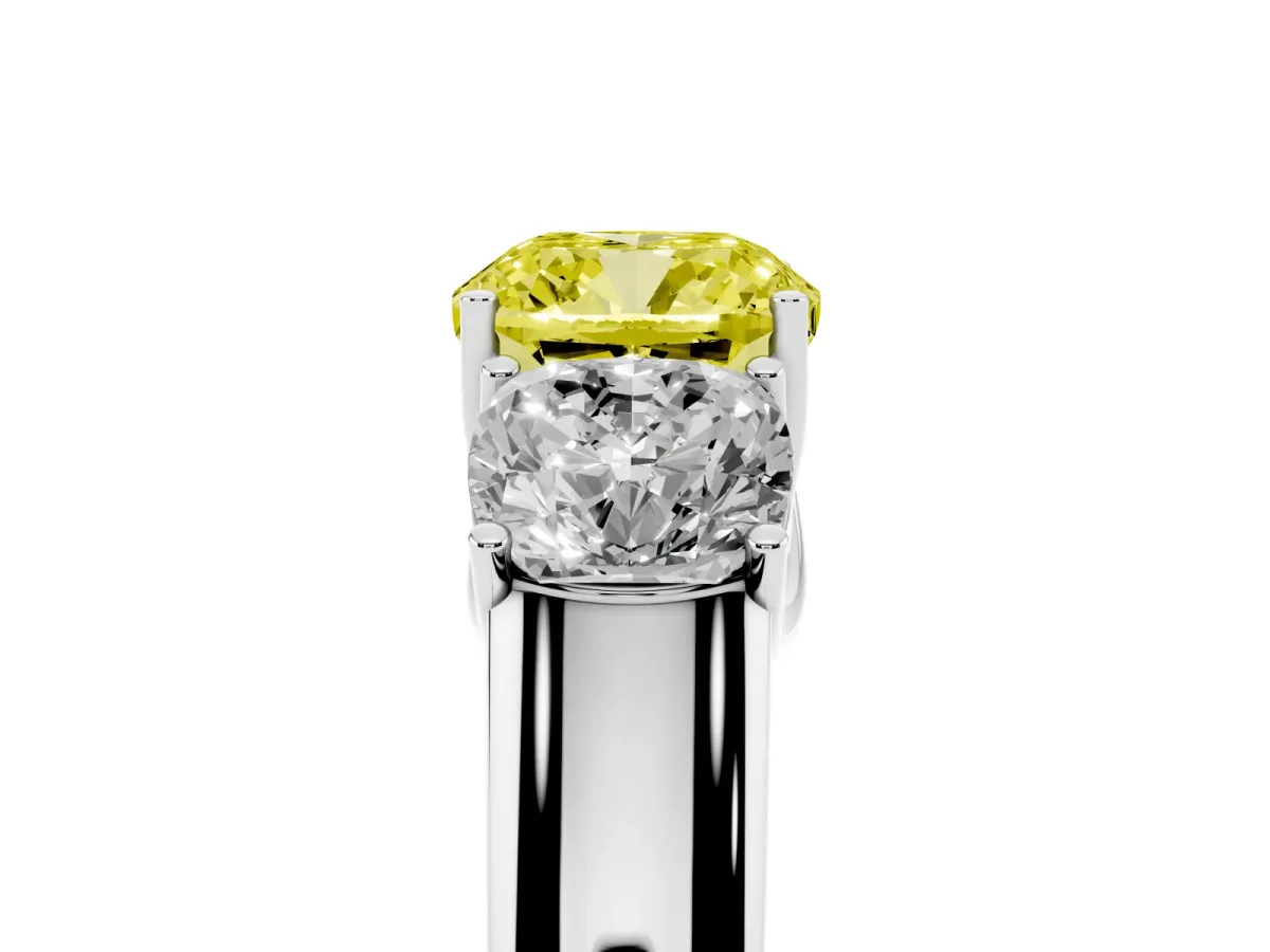 Fancy Yellow Three-Stone Cushion Cut Cut Diamond Ring with Prong Setting and Classic Band Silver