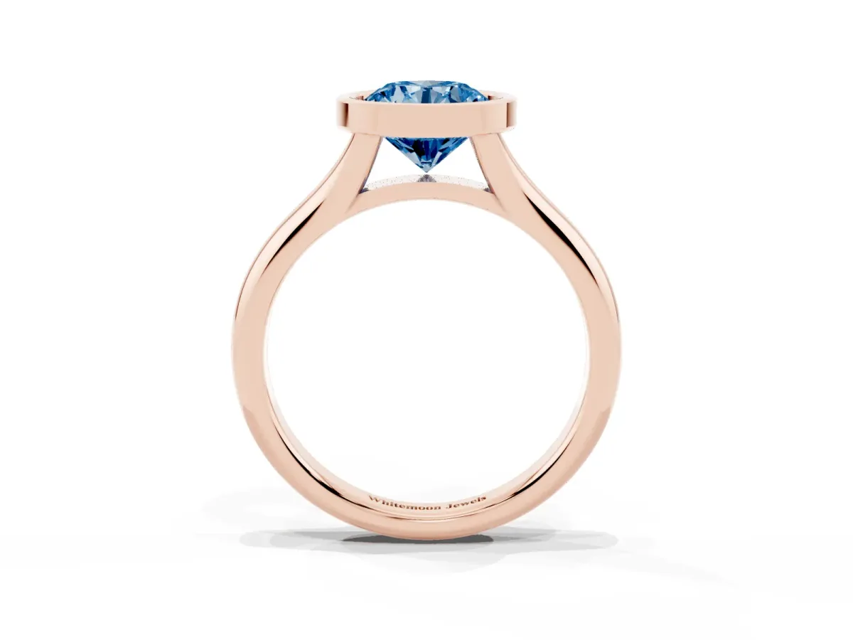 Fancy Blue Bezel Set Round Cut Solitaire Diamond Ring with Smooth Band Rose gold