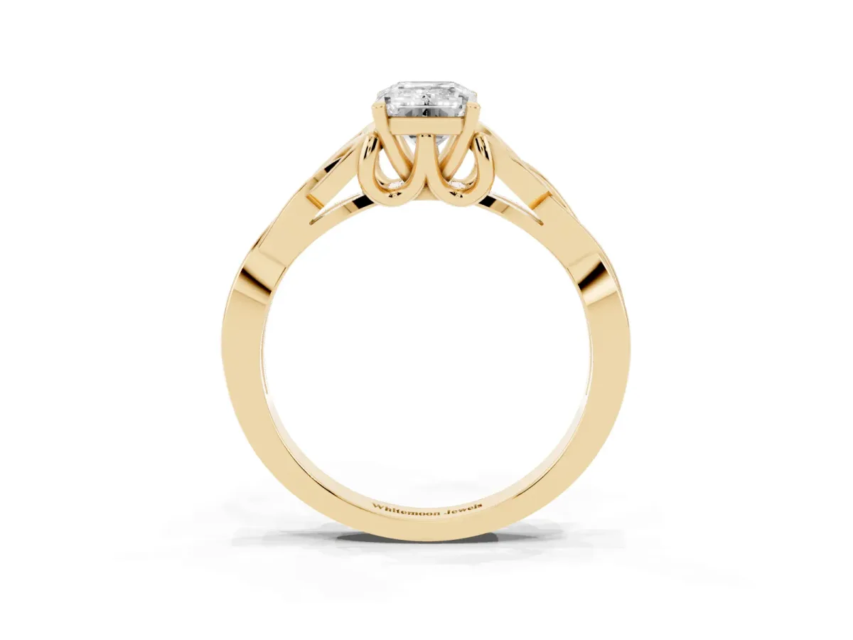 Emerald Cut Diamond Solitaire Engagement Ring with Celtic Knot Band and Four-Prong Setting Yellow gold