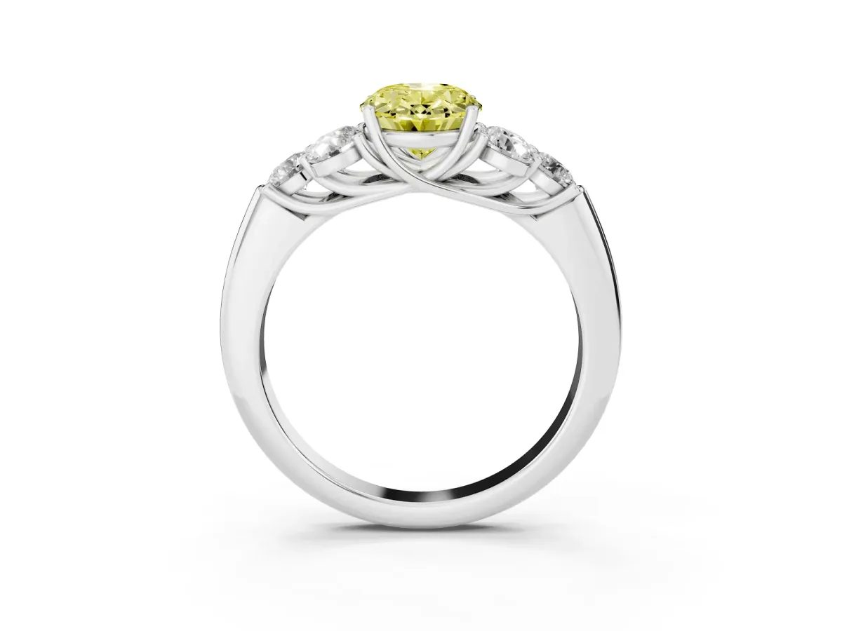Fancy Yellow Oval Cut Cut Diamond Cluster Ring with Round Accent Stones and Prong Setting on a Classic Band Platinum