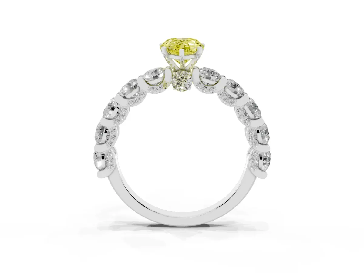 Fancy Yellow Pear Cut Diamond Side Stone Engagement Ring with Four-Prong Setting White gold