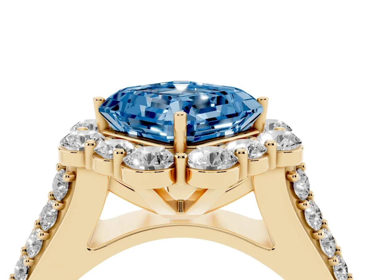Fancy Blue Asscher Cut Halo Diamond Engagement Ring with Split Shank and Prong Setting Yellow gold