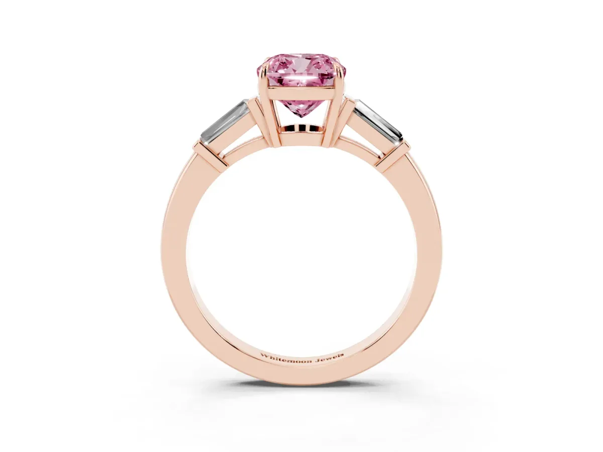 Fancy Pink Cushion Cut Diamond Three-Stone Ring with Tapered Baguette Side Stones and Prong Setting Rose gold