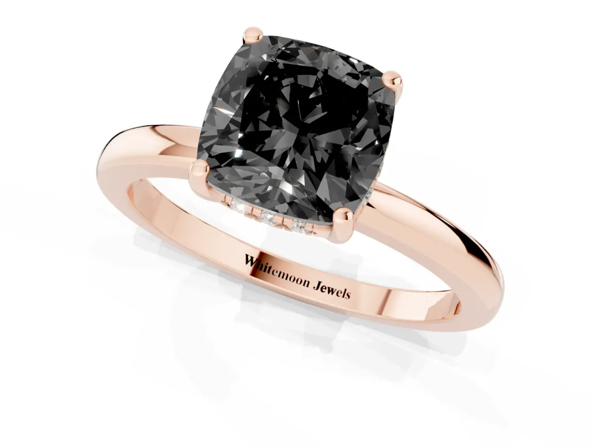 Fancy Black Cushion Cut Solitaire Diamond Ring with Prong Setting and Plain Band Rose gold