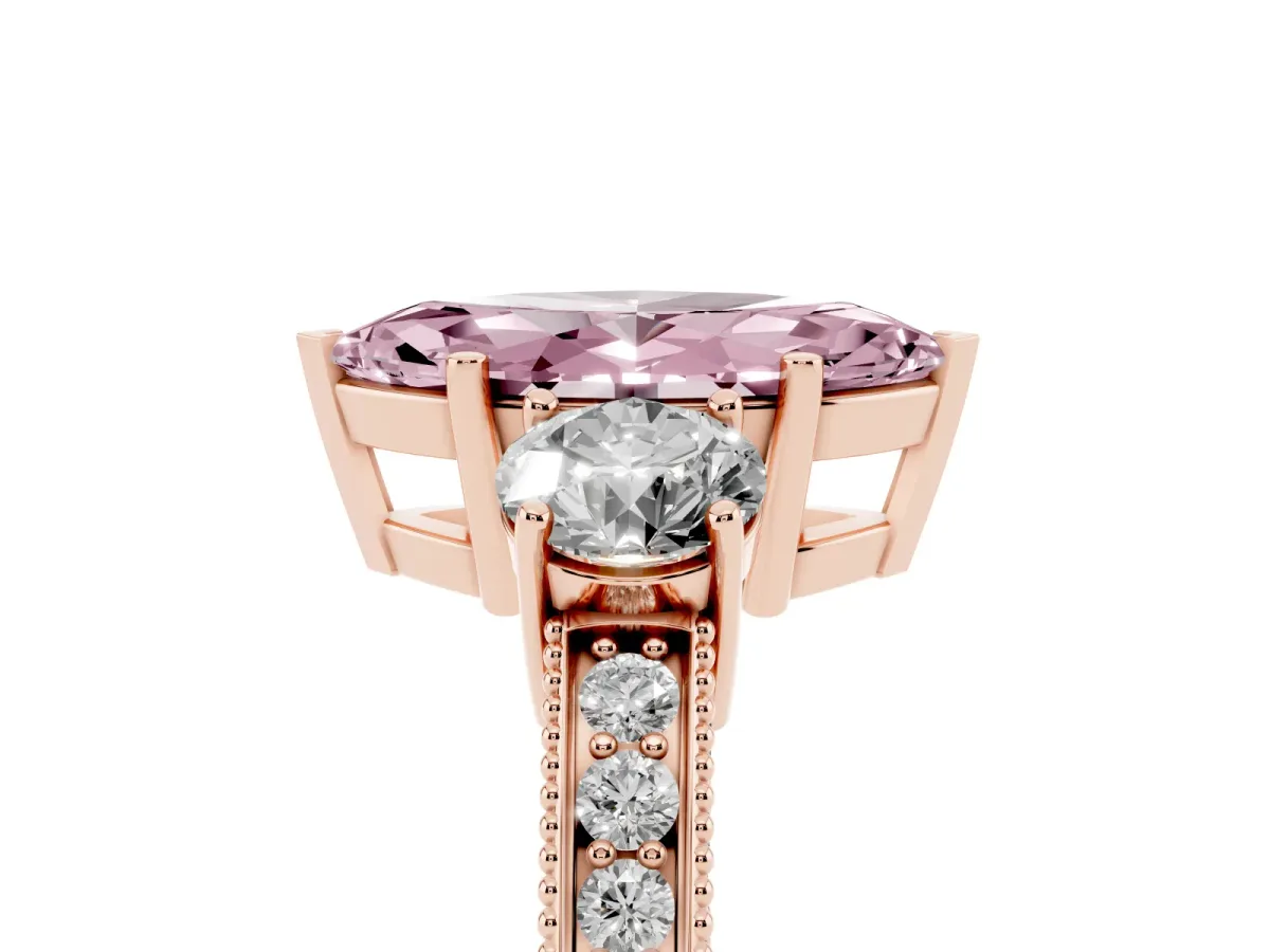 Fancy Pink Marquise Cut Three-Stone Diamond Ring with Pavé Band and Four-Prong Setting Rose gold