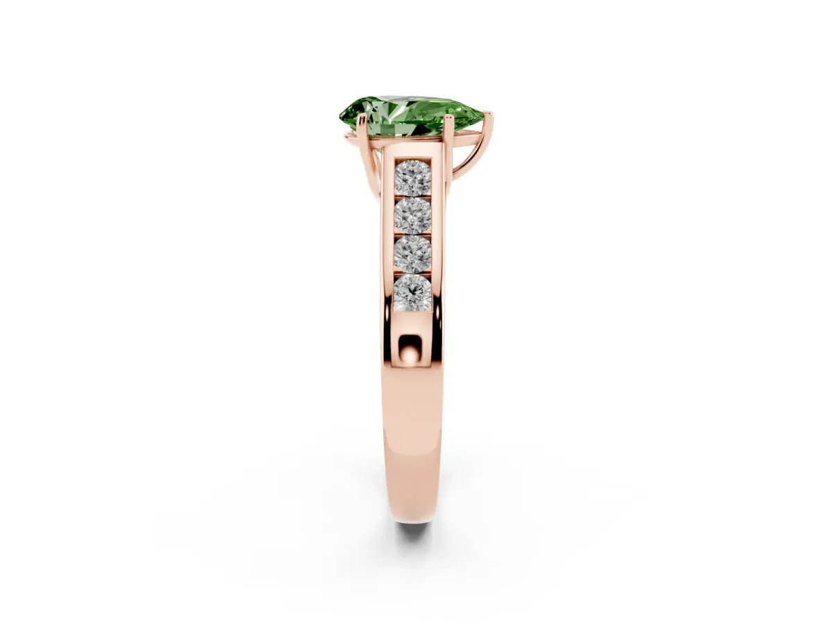 Fancy Green Pear Cut Solitaire Channel-Set Diamond Engagement Ring with Four-Prong Setting Rose gold