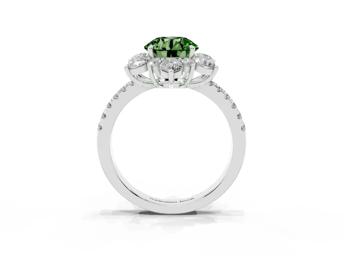 Fancy Green Round Cut Diamond Floral Halo Ring with Round Pavé Band and Prong Setting Silver