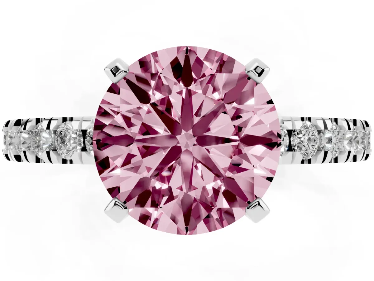 Fancy Pink Round Cut Solitaire Diamond with Pavé Band and Four-Prong Setting Silver