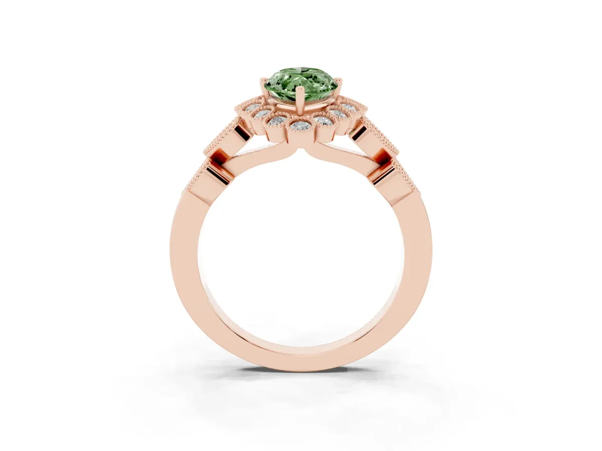 Fancy Green Marquise Cut Brilliant Milgrain Pave Heart Band Solitaire Ring Rose gold