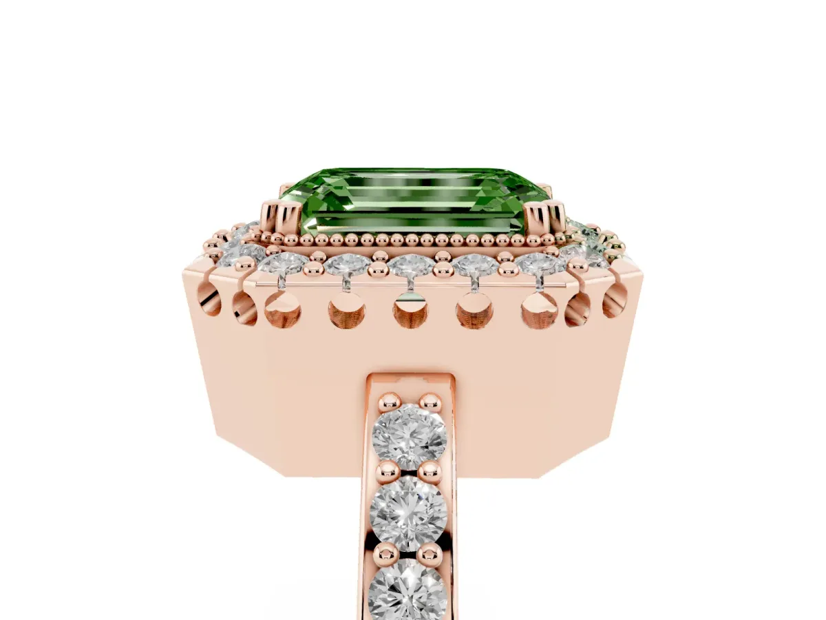 Fancy Green Emerald Cut Diamond Halo Ring with Pavé Band and Prong Setting Rose gold