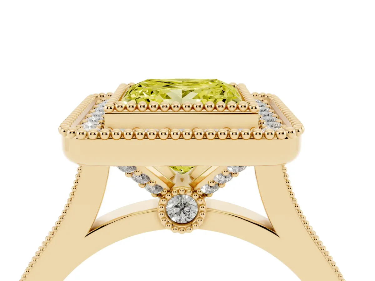 Fancy Yellow Princess Cut Diamond Halo Ring with Milgrain Frame and Pavé Band Yellow gold