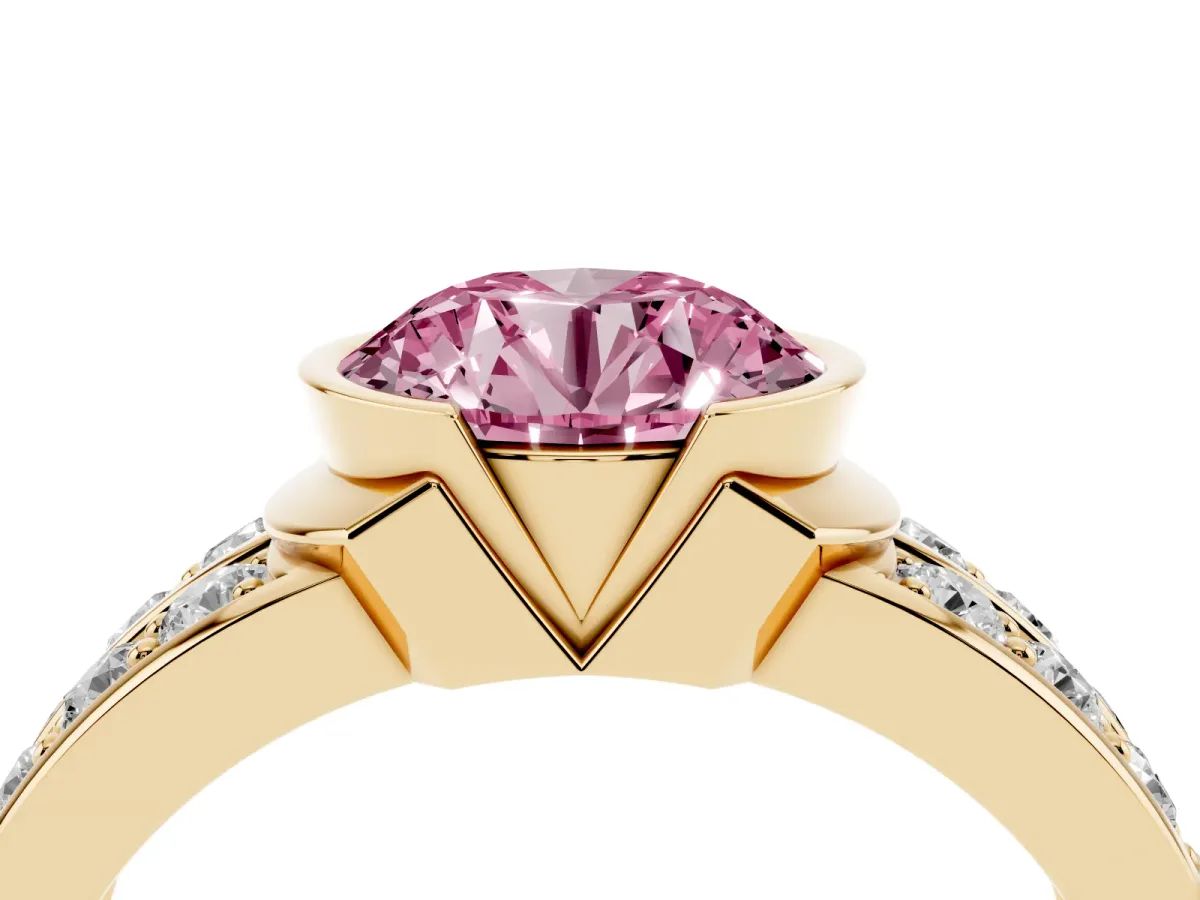 Fancy Pink Round Cut Brilliant Diamond Channel Set Wide Band Ring with Bezel Setting Yellow gold