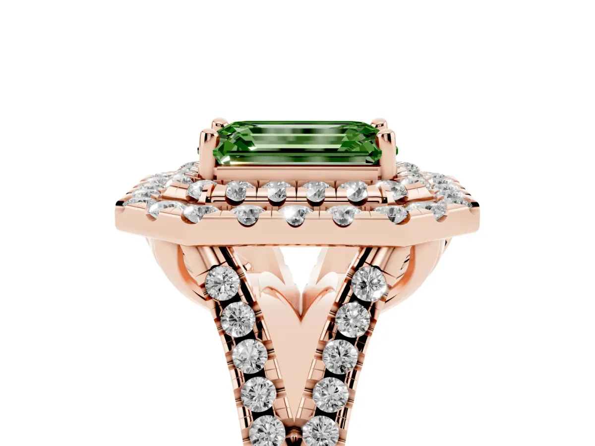 Fancy Green Double Halo Emerald Cut Diamond Pavé Split Shank Ring with Prong Setting Rose gold