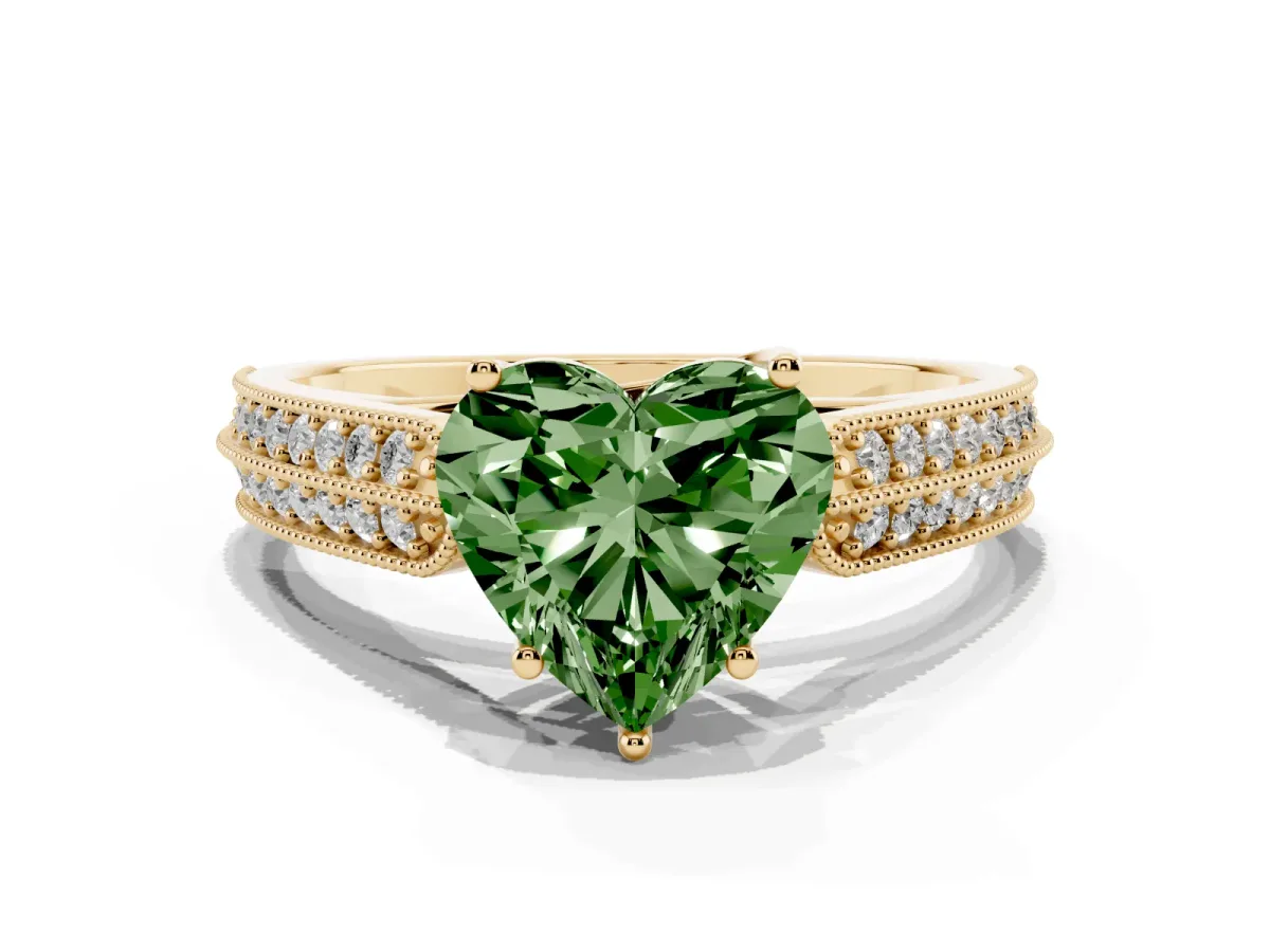 Fancy Green Heart Cut Cut Pave Split Shank Engagement Ring with Four-Prong Setting Yellow gold
