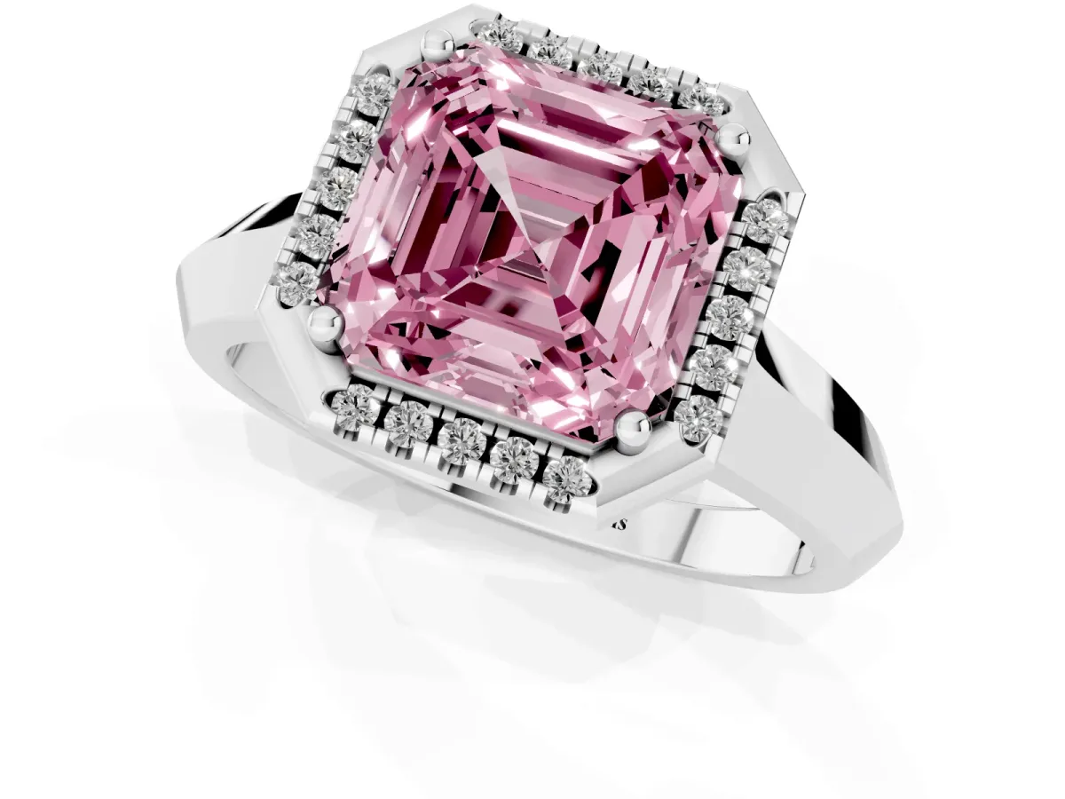 Fancy Pink Asscher Cut Halo Diamond Ring with Cathedral Band and Four-Prong Setting White gold