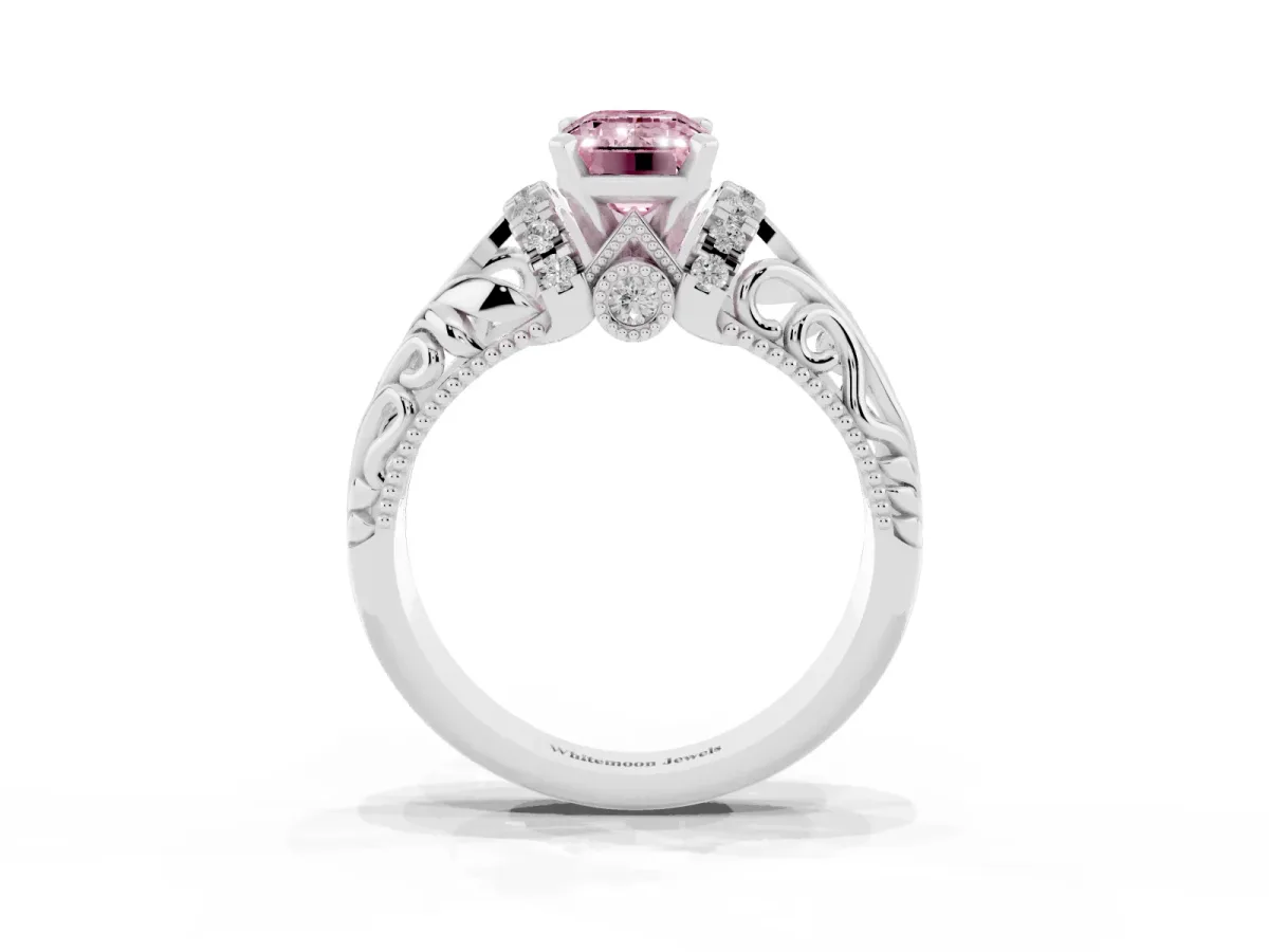 Fancy Pink Emerald Cut Solitaire Filigree Engagement Ring with Halo and Prong Setting Silver