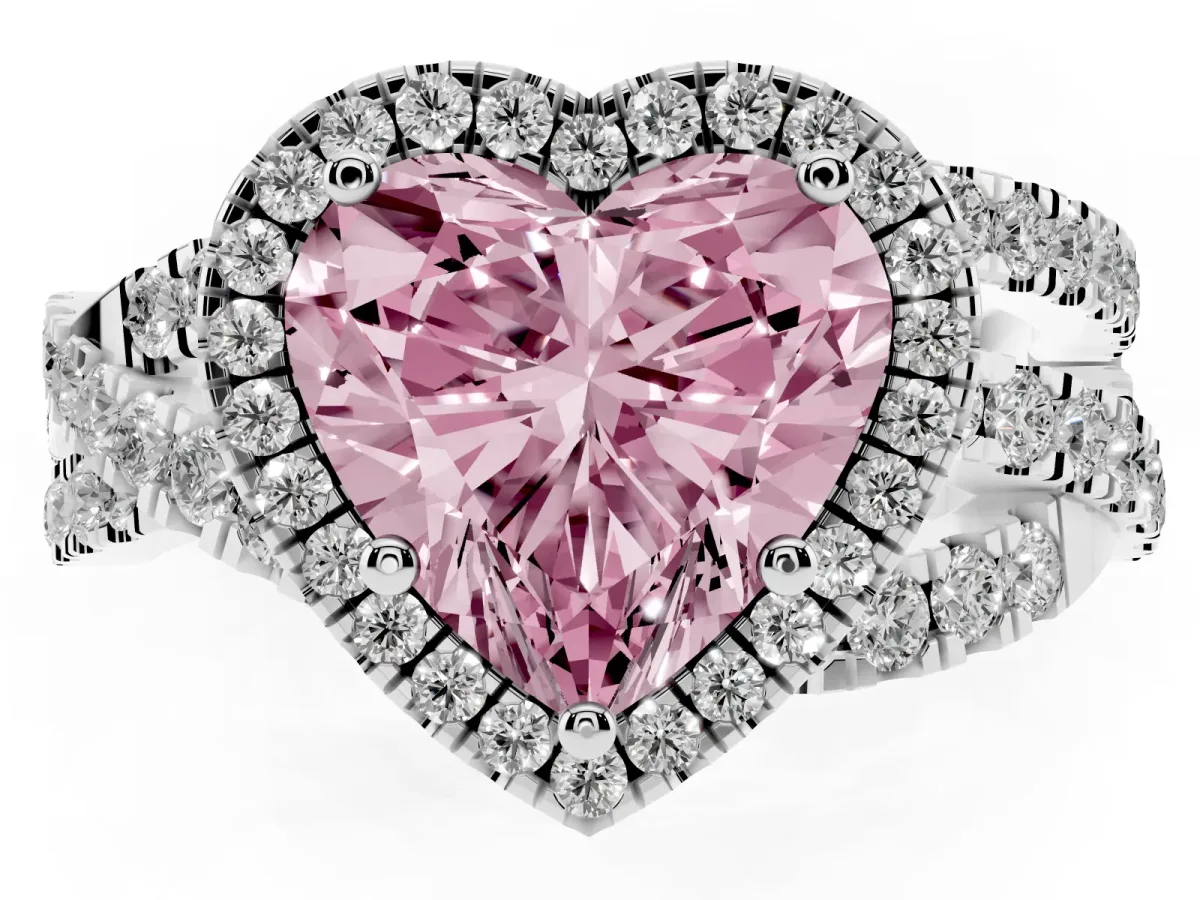 Fancy Pink Heart Cut Diamond Halo Ring with Round Split Shank and Prong Setting Platinum