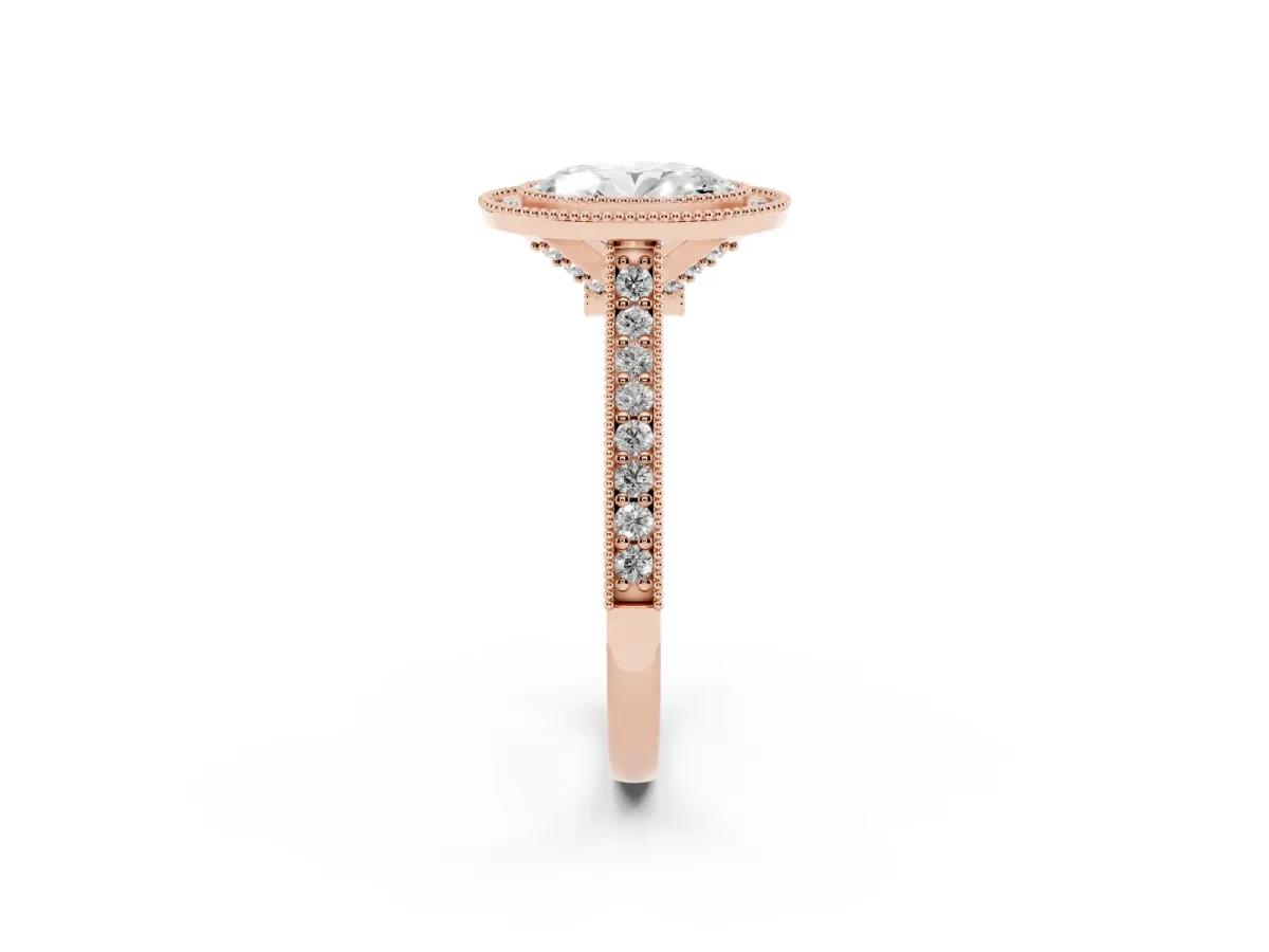 Halo Oval Cut-Cut Diamond Pave Band Milgrain Prong Setting Ring Rose gold