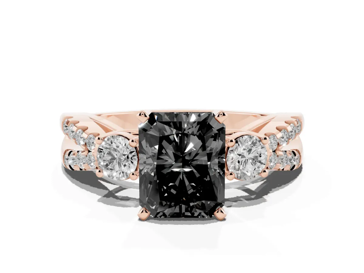 Fancy Black Radiant Cut Diamond Three-Stone Ring with Pavé Split Shank and Four-Prong Setting Rose gold