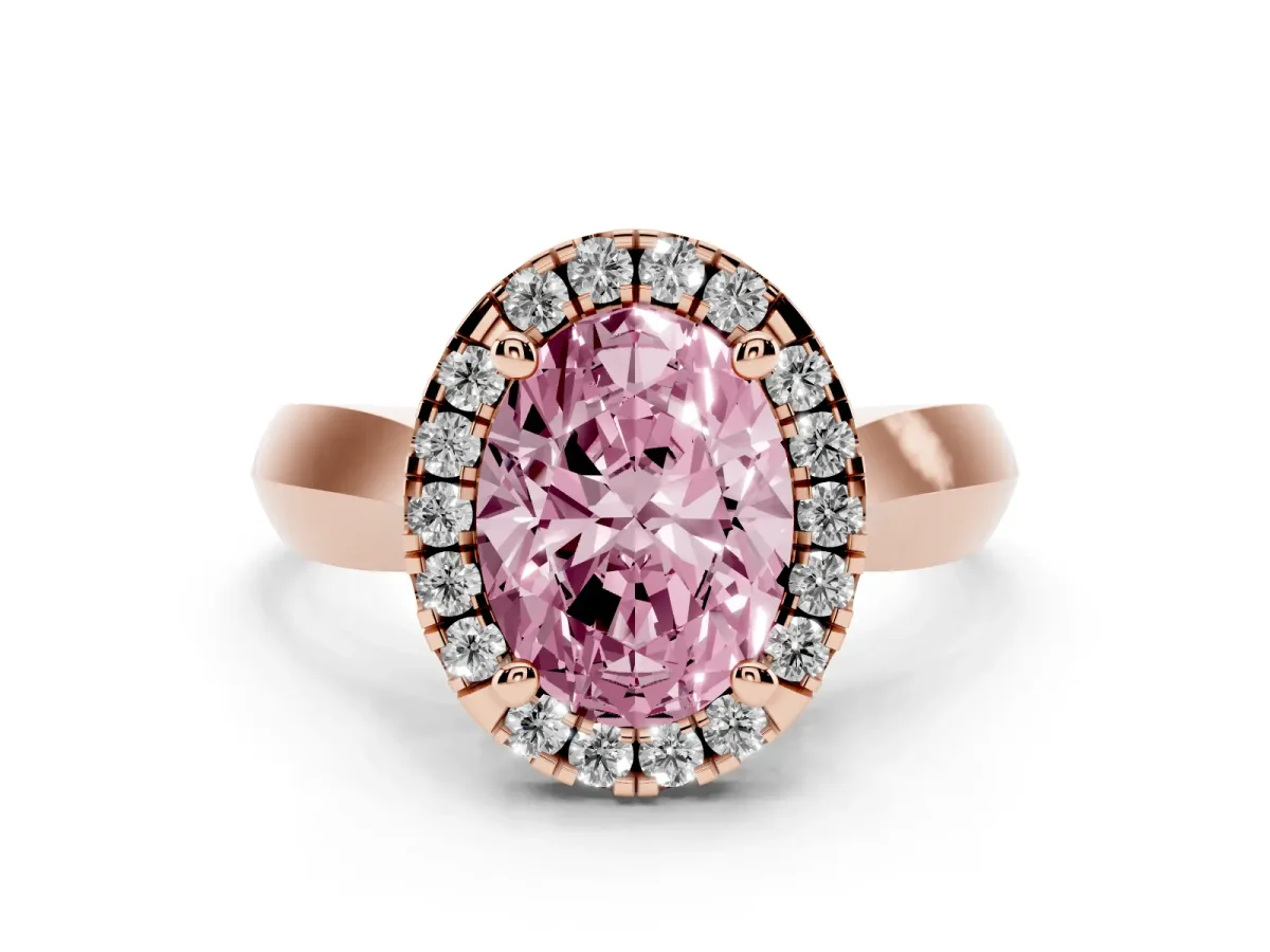 Fancy Pink Oval Cut Cut Halo Solitaire Engagement Ring with Square Band and Four-Prong Setting Rose gold